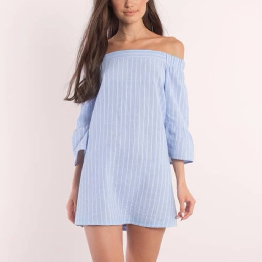 TOBI Abby Light Blue Off Shoulder Striped Dress